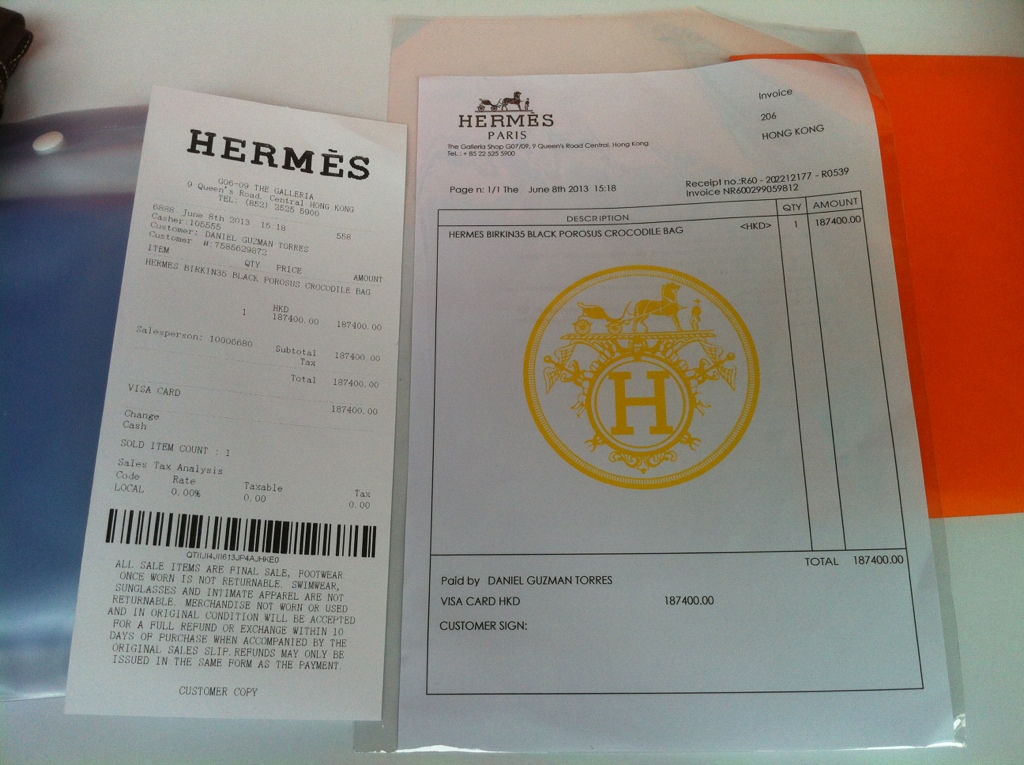Hermes receipts in English